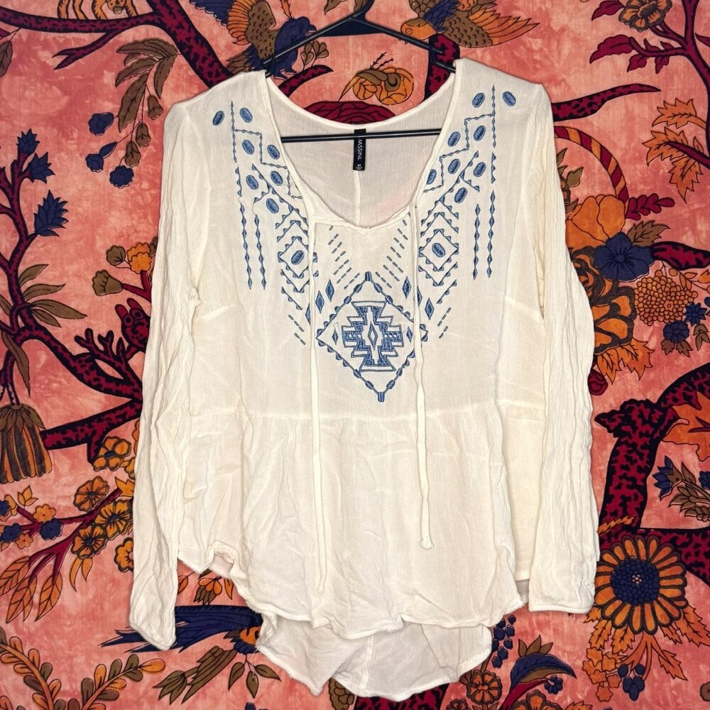 White & Blue Embroidered Flowy Long-Sleeve
